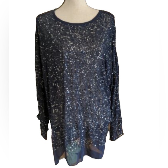 Gold Hawk Tops - NWT Gold Hawk Sequin Dressy Navy Blue Top Size Medium Party Holiday Fall
